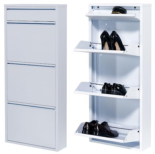 Atahome Gordion Modern Slim Metal Shoe Cabinet for hallway, 3 Drawers & Accessory Drawer, wall mounted thin flip down Shoe Rack Storage Organiser Shoe cupboard 3+1 Tier Indoor Outdoor (White)