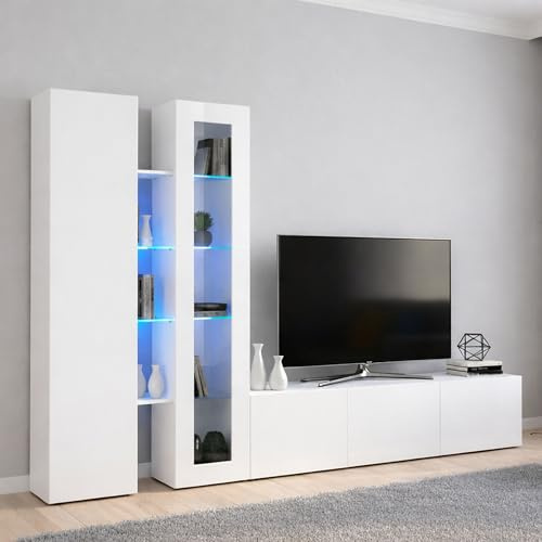 Dmora - Ausgestattete Wand Dimitri, 3-türiges TV-Ständer-Wohnzimmerset, Mehrzweck-Wohnzimmermöbel mit Vitrine und LED-Licht, 100% Made in Italy, 280 x 30 x 180 cm, glänzendes Weiß,