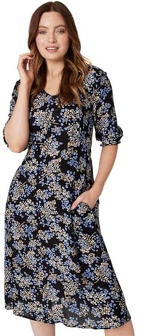Izabel London Floral Frill Neck Midi Dress for Women UK with v-Neck, 3/4 Sleeves and midi Length Skirt. Black