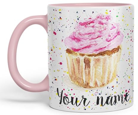 Vixar Personalised with Your Text Cupcake Cake Watercolour Art Coloured Ceramic Mug Cup Gift 330ml 11oz Custom Work Office Tea Coffee (Pink)