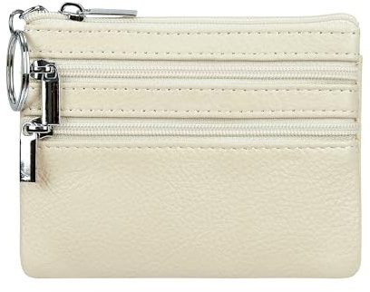 Portefeuille en cuir véritable pour femme avec porte-clés, beige, Taille unique, Pochette à monnaie