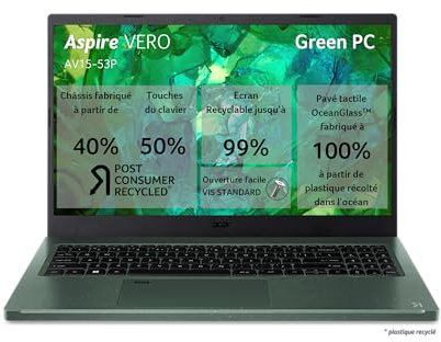 Acer Aspire Vero AV15-53P-54R1, Ordinateur Portable Éco 15,6'' Full HD IPS, PC (Intel Core i5-1335U, RAM 16 Go, SSD 512 Go, Intel Iris Xe Graphics, Windows 11), Gris, Clavier AZERTY (Français)