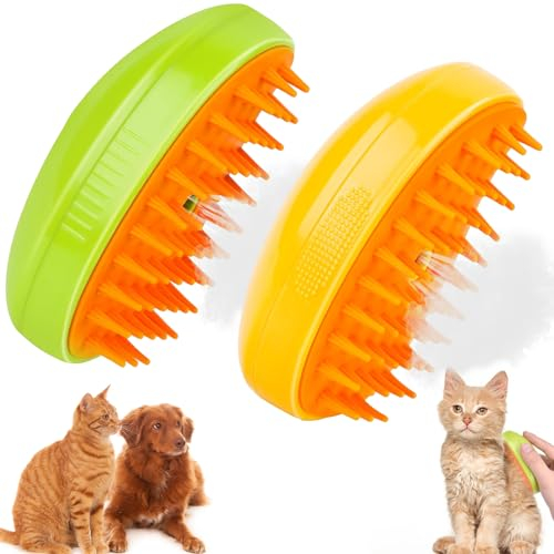 Haustier Katzenbürste Hundebürste, 2 Stücke 3-in-1-Steamy Cat Brush Katzenbürste Selbstreinigende Zupfbürste Entfernt lose Unterwolle, Für Katzen Hunde Massage Selbstreinigung (Gelb+Grün)
