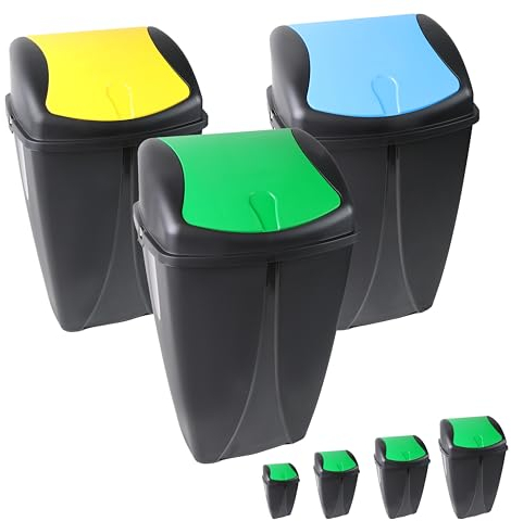 DIVCHI Plastic Flip Top Waste Bin - Removable Swing Lid Garbage Rubbish Kitchen Dustbins | Recycle Recycling Trash Can | Refused Bins For Home Bathroom Office Set Of 3 (Large, 70L)