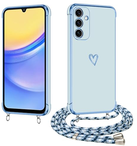 E-Lush Coque pour Samsung Galaxy A15 avec Cordon, Coque pour Samsung A15 5G Silicone avec Motif Coeur d'amour Mignon Étui Housse Antichoc avec Collier Réglable Lanyard Case, Bleu