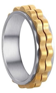 HIJONES Herren Damen 6mm Roatatble Ring Edelstahl 2 Reihe Lokomotive Getriebe Aussage Ring Band Hip Hop Fingerschmuck Silber Gold Größe 62 (19.7)