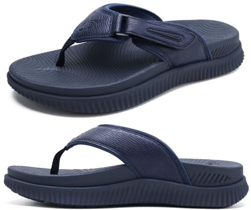 Mens Leather Flip Flops Men's Recovery Walking Sandals Orthopedic Thick Athletic Cushion Sport Slider for Man Outdoor Summer Beach Water Sandals with Comfortable Plantar Fasciitis Arch Support,11 Blue