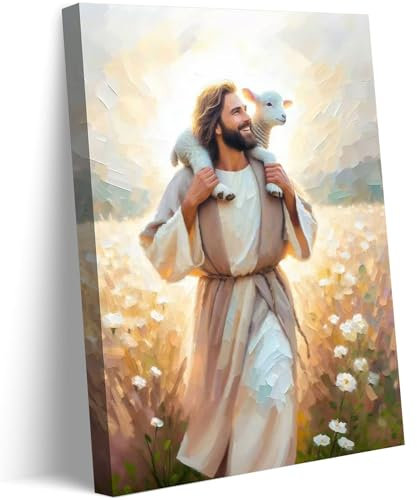 GKQNMU Kunstdruck auf Leinwand, Motiv: Jesus mit dem Lamm, gedrucktes Gemälde für christliche Kirche, Zuhause, Schlafzimmer, Wohnzimmer, Dekoration, fertig zum Aufhängen