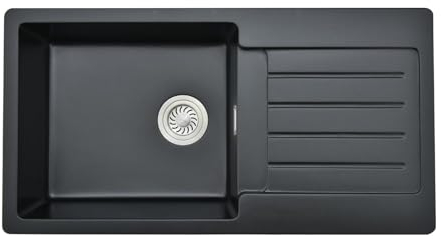 Bokaiya Fregadero de cocina de cuarzo de 85 x 50 x 20 cm, fregadero de cuarzo negro integrado con desbordamiento, cuenco individual profundo, 2 agujeros para grifo y sifón, adecuado para estación de