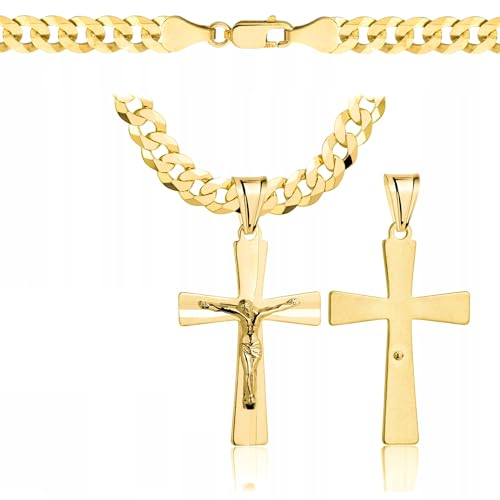 Amor Luxury goldketten herren kreuz 585, Kette Herren 925/585 - goldkette herren 585 massiv 55 cm - Kreuz Kette - Goldkette Kreuzkette - Halskette Herren 6,5 mm Panzerung