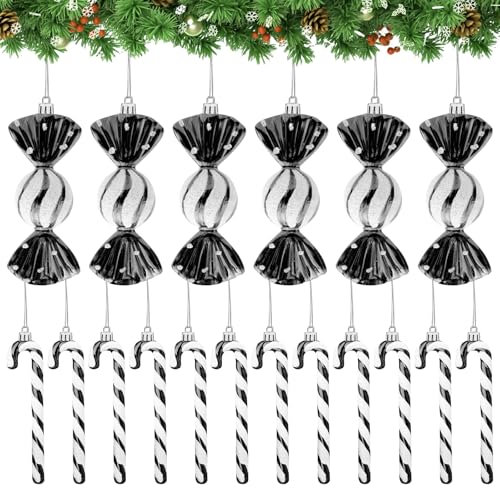 18 Stück Zuckerstangen Weihnachten Deko, Zuckerstangen Anhänger, Glitzer Weihnachtskugeln Zuckerstangen Deko, Weihnachtsbaumschmuck Zuckerstange Weihnachten Christbaumschmuck Baumschmuck (Schwarz)