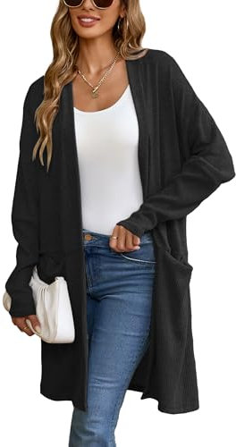Famulily Black Cardigans for Women's Fall Winter, Rib Knitted Open Front Mid Length Light Cardigan Coat (S, Black)