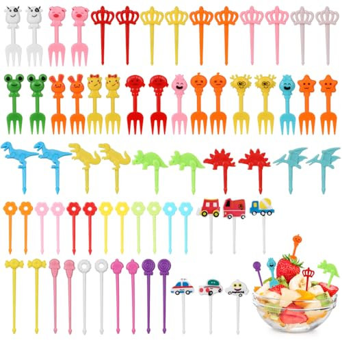 OOTSR 68 Tenedores Pequeños Niños, Mini Tenedores Infantiles Fruta para Aperitivos, Palillos de Dientes en Plástico Reutilizables para Loncheras Colegio Fiesta Decorativos