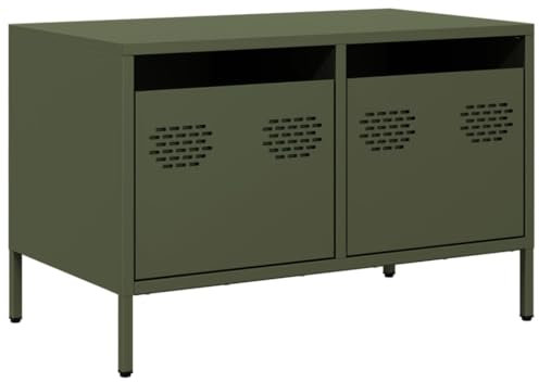 vidaXL Olive Green TV Cabinet Stand Media Console - Cold-Rolled Steel Entertainment Centre with 2 Drawers - 68x39x43.5 cm - Adjustable Feet - Industrial Design for Living Room/Bedroom