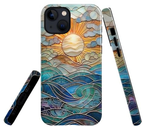 TnXee Case Compatible with iPhone 14,Stained Glass Print Sun Phone Case for iPhone 14,Fall Prevention Bright Hybrid 2-Layer Hard Shell Phone Case for Girls Boys