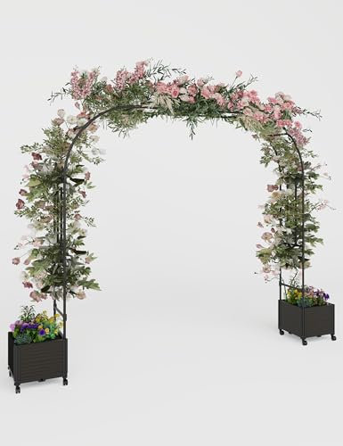 Span 86.6 Garden Arch Trellis for Climbing Plants, Metal Wedding Arch Flowers Frame Backdrop Stand,Balloon Decor Garden Arch Arbor for Wedding Garden Party Plant Support Flower，Raised Planter Box