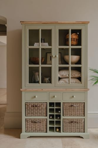 Kitchen Display Cabinet with Wine Rack | W120 x H200 x D42 cm | Glass Door Dresser, 3 Drawers, 4 Storage Baskets, Wine Rack | Quality Dining Room Furniture (sage green)