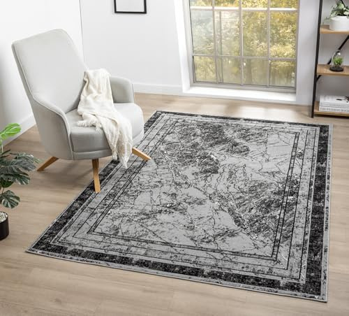 Obsidian Abstract Traditional Low Pile Modern Area Rug, Grey, 160x230cm
