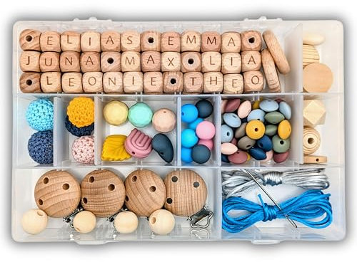Storchenkind® Bastelset 143 Teile inkl. Videoanleitung, Kreative Babyparty spiele Silikon- Holzperlen, zum selber machen Set