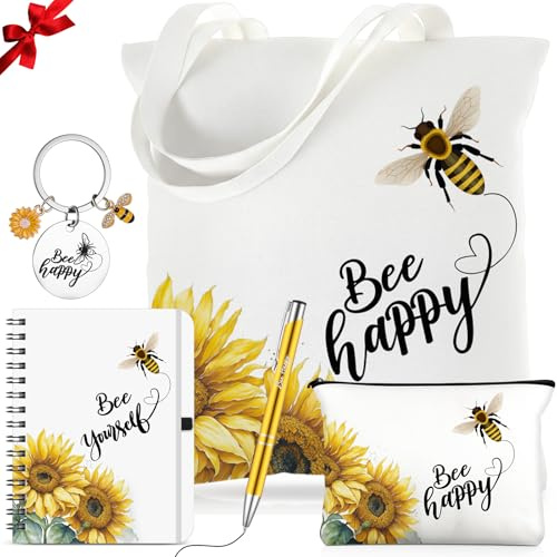 HESTYA 5 Pcs Bee Gifts for Women, Sunflower Tote Bag Notebook Pen Set