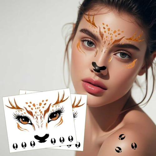 Yezirzax Hirschmuster Face Art Sticker, Gesichtstattoo Temporäre Tattoo, Hirschmuster Schminke Selbstklebendes Gesichtstattoo für Karneval Fasching Geburtstag Halloween Kinder Party (Hirsch)