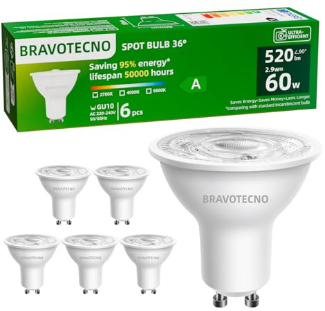 bravotecno GU10 LED Glühbirne, Energieklasse A LED Warmweiss, 2700K 2.9W 520LM GU10 Spot Warmweiß Leuchtmittel Entspricht 60W, 36° Abstrahlwinkel, Nicht Dimmbar, Wärmearm & Langlebig, 6 Stück
