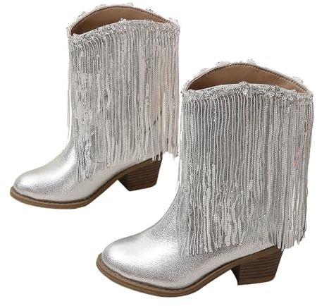 Generisch 2024 ragazze Nuovo Colore Solido Pelle Moda Bambini Occidentale Cowboy Stivali Autunno E Inverno Casual Bambini Nappa Stivali, argento, 33 EU