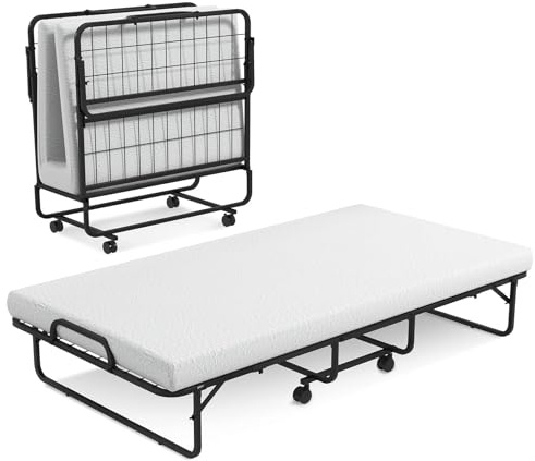 FANTASK Klappbett mit Matratze, Gästebett klappbar mit Lattenrost aus Metall & 10 cm Dicker Schaumstoffkernmatratze, Reisebett bis 180 kg mit Rollen & stabilem Metallrahmen