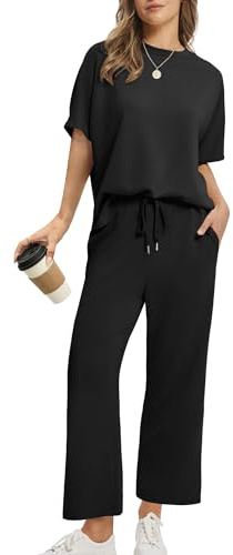 Desol Zweiteiler Damen Sommer Outfits, Trainingsanzug Sets Kurzarm Oberteil & Jogginghosen, Weites Bein Caprihosen für Freizeit & Hausgebrauch & Reisen