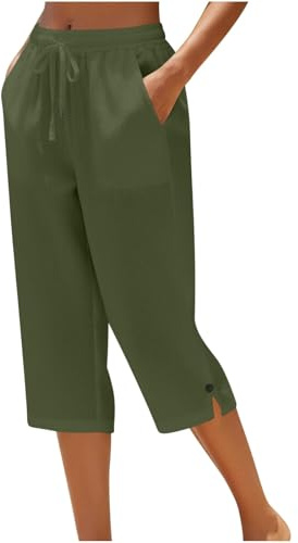 Ladies Cropped Trousers - Capri Pants for Women UK Petite Comfy Summer Three Quarter Length Trousers Stretchy Drawstring Waist Straight Leg Lounge Yoga Beach Capris Pants with Pockets