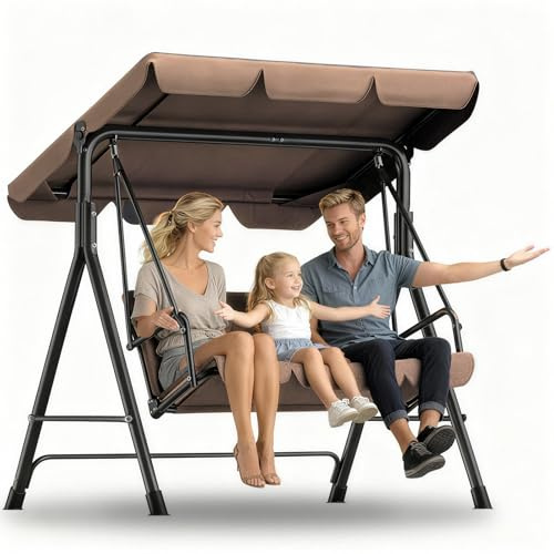 WoRaum Hollywoodschaukel 3-Sitzer Outdoor mit Verstellbarem Sonnendach – Gartenschaukel mit Komfortabler Polsterung, Bis 200kg Belastbar & Teslin-Sitz – Maße 175x110x152cm (Dunkelbraun)