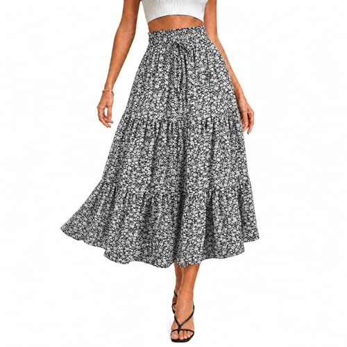 Fiohiros Womens Floral Midi Skirt Summer Tiered Skirt, Lightweight Elastic Waist Boho Flowing Long Skirt Casual Beach Skirt (UK, Alpha, M, Regular, Regular, Black White Flower)