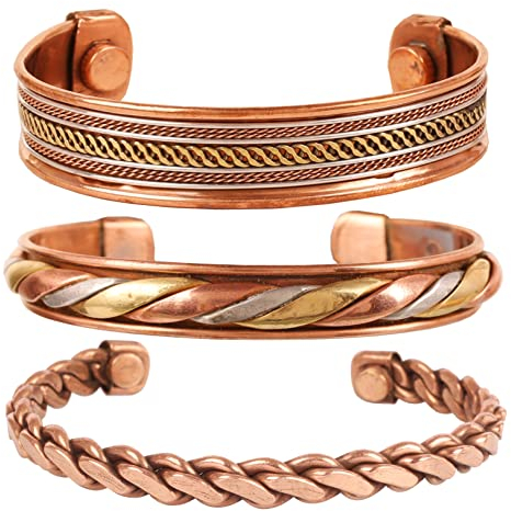 Touchstone Copper magnetische Armband tibetischen Stil. Hand geschmiedet mit soliden und hohen Gauge reinem Kupfer. Set von 3 verschiedenen Designs mit 3 Metalltönen.