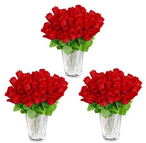 Relaxdays Künstliche Rosen, 144 Stück, künstliche Blumen mit Stiel und Blättern, Geschenk, Hochzeit, Höhe 26 cm, Rot