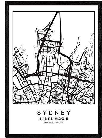 Nacnic Blade Sydney Stadtkarte im nordischen Stil schwarz und weiß. A3 Größe Plakat Das bedruckte Papier Keine 250 gr. Gemälde, Drucke und Poster für Wohnzimmer und Schlafzimmer