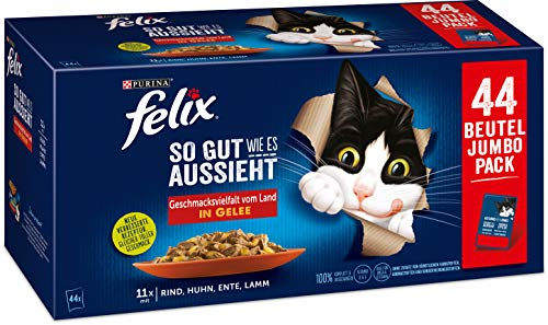 Felix Katzennassfutter So gut wie es aussieht in Gelee Geschmacksvielfalt vom Land 44x 85 g Portionsbeutel