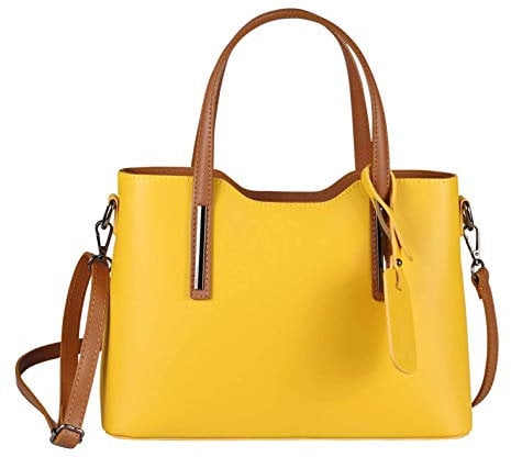 OBC Made IN Italy Damen Echt Leder Tasche Business Shopper Schultertasche Handtasche Ledertasche Umhängetasche Rindsleder Freizeittasche Gelb-Braun