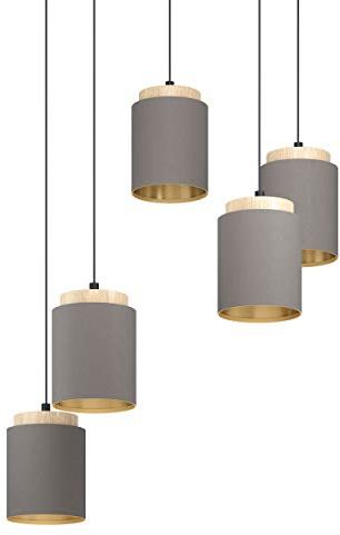 EGLO Pendelleuchte Albariza, 5 flammige Hängelampe Vintage, Hängeleuchte aus Stahl, Holz und Textil in Schwarz, Natur, Cappuccino, Gold, Esstischlampe, Wohnzimmerlampe hängend mit E27 Fassung