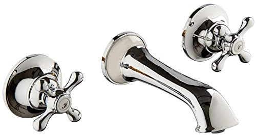 PaulGurkes Waschtisch Unterputz Armatur 3-Loch Wannenrandarmatur weiß Retro Nostalgie Landhausstil Wasserhahn für Waschbecken mit Keramikeinlage Zweigriffmischer Kreuzgriff Drehgriff Warm Kalt