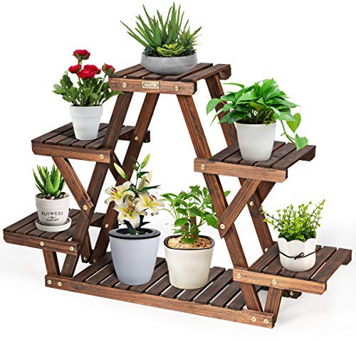 GOPLUS Support de Plantes avec 4 Etagères, Étagères à Fleurs de 5 Tablettes en Bois, Porte-plantes pour Intérieur Extérieur Balcon Jardin,99x25x64,5cm