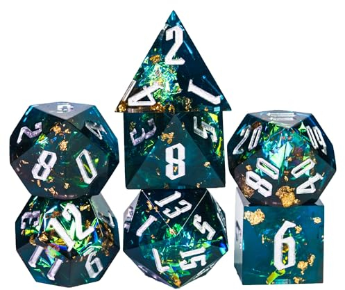 World of Dice - Spacebreaker Serie - handgefertigtes Pen and Paper Würfel Set, 7-teilig, mit Spitzen Kanten und Ecken, für Dungeons and Dragons, Shadowrun, Cthulhu, UVM. (blau-grün)