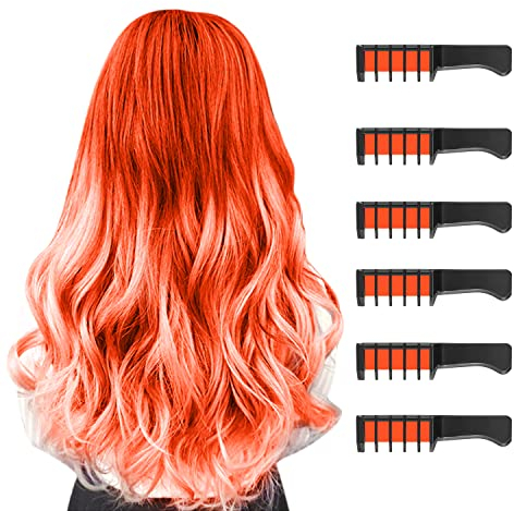 6 Stück Haarkreidekamm für Kinder, Temporär Haarfarbe Kreide Kamm Auswaschbar Mädchen für Geburtstag Geschenk Partys Halloween Erntedankfest Weihnachten Hochzeit(Fluoreszierend Orange)