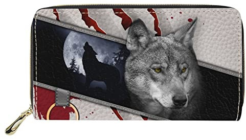Dolyues Lange Damen-Geldbörse aus PU-Leder mit mehreren Fächern, Kreditkartenfach mit Reißverschluss, Münzgeldbeutel für Damen, Howling Grey Wolf Print, Klassisch