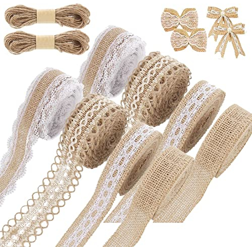 Seasboes 8 Rollen Vintage Juteband, Spitzenband, Natürliche Jute Bänder und Spitze, Leinwand Band für DIY Handwerk Deko Hochzeit Party Wohnkultur mit 20m Hanfseil (1 Meter pro Rolle, 4 Stile)