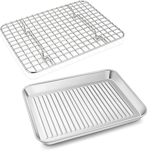 P&P CHEF Plaque de four grille-pain de 26,7 cm avec grille-pain en acier inoxydable avec grille de cuisson, fond ondulé et grille en maille, passe au four, 1 poêle + 1 grille