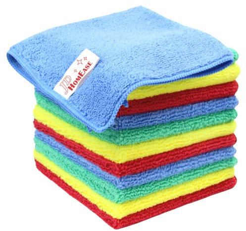 JD HOMEASE Microfiber Cleaning Cloths,12 Pack, 12x12, All-Purpose Softer Highly Absorbent, Lint-Free, Reusable, Washable Pro Towels Blue, Green, Red, Yellow for House, Kitchen, Bathroom, Car, Office