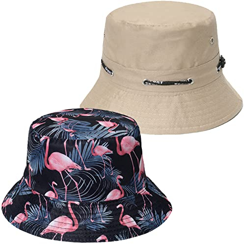 Unisex Fischerhut Fishermütze Faltbar Anglerhut für den Außenbereich Mode Draussen Bucket Hat Sonnenhut Fischerhut mit breiter Krempe Faltbare Strandkappe,Khaki,Flamingo