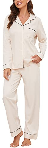 U2SKIIN Women's Pajama Set Long Sleeve 100% Cotton, Soft Ladies Pajamas Lightweight Nightwear Sleepwear Two-Piece Pajama Set (Beige, L)