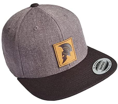 Gym Cap Flexfit Snapback : Sparta Helm (Leder-Patch) - Spartan Kappe Herren & Damen (Grau-Schwarz)
