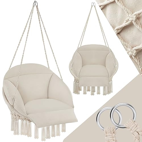 tectake® Columpio Jardín Exterior, Silla Colgante con Cojín Grueso Extraíble, Sillón Balancín con Robustas Cuerdas de Sujeción y 2 Anillas de Fijación, Hamaca Colgante para Interior y Exterior - beige
